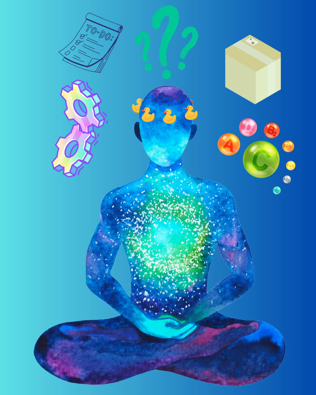 figure in meditation while random thoughts whir around their head - created by the author in Canva